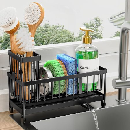 Black stainless steel sink caddy for sponges and brushes